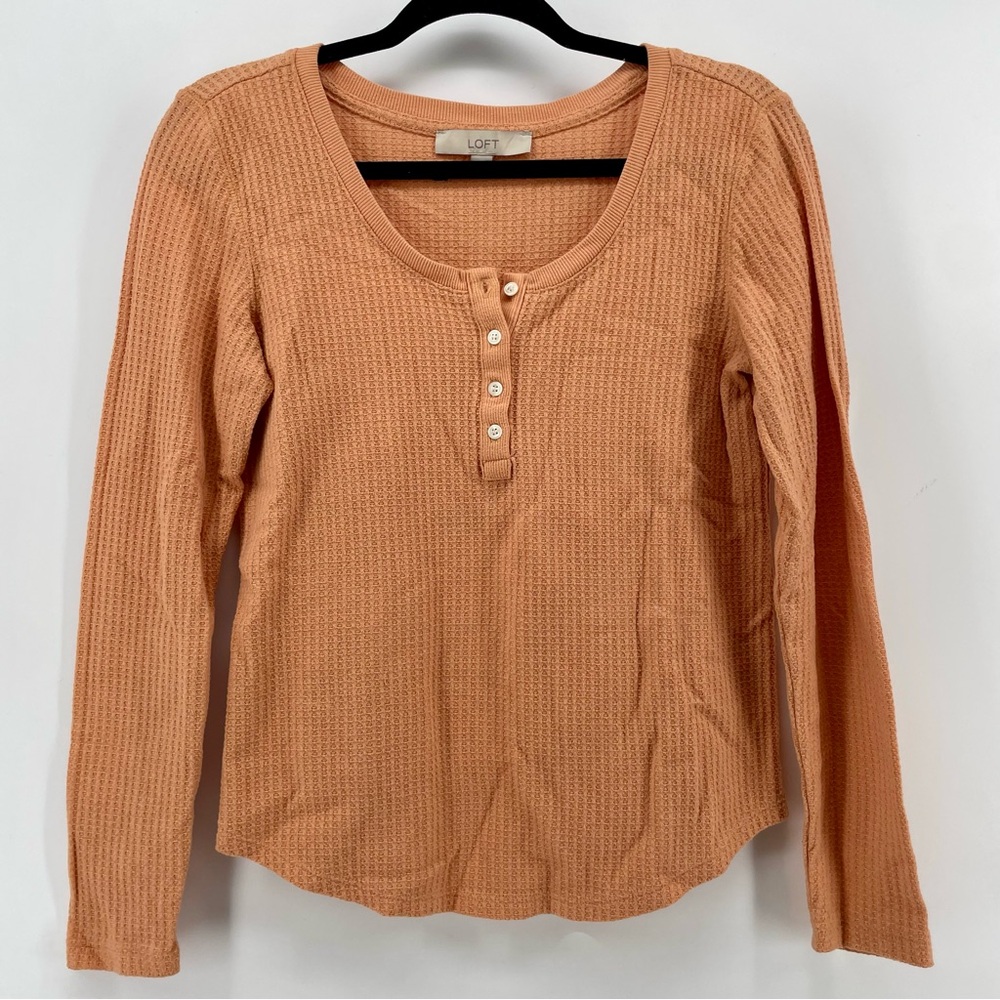 Loft Henley Shirt Peach Orange Waffle Knit S